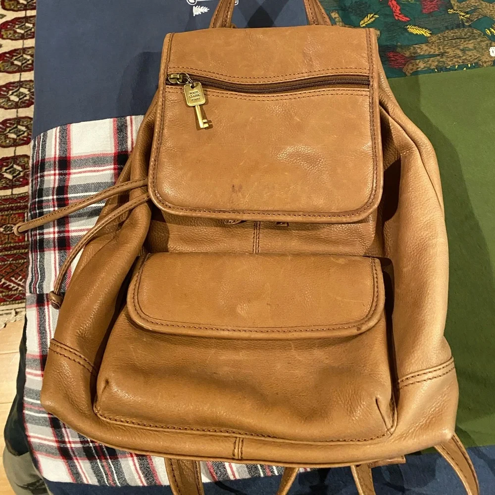 Set 2 Fossil Tan Leather Satchel Backpacks, 1 lg 1 sm